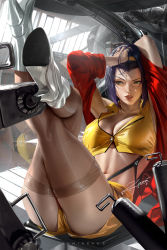 1girl arm_behind_head arm_up boots breasts brown_thighhighs cleavage commentary cowboy_bebop crop_top crossed_legs english_commentary faye_valentine green_eyes hairband hand_in_own_hair high_collar high_heel_boots high_heels large_breasts looking_to_the_side lying navel on_back parted_lips purple_hair red_shirt shirt short_hair shorts silver_footwear spacecraft spacecraft_interior stomach thighhighs thighs yellow_hairband yellow_shirt yellow_shorts zumi_(zumidraws)