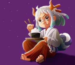 1girl aged_down aqua_hair bandaid bandaid_on_face bandaid_on_nose child commentary_request doccoi geta hair_ornament hakama highres horns indian_style japanese_clothes kimono one_piece ponytail purple_background red_hakama rope shimenawa sidelocks simple_background sitting solo white_hair white_kimono wide_sleeves yamato_(one_piece)