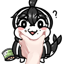 1girl :3 aged_down ahoge alcyone_(last_origin) black_eyes black_hair blush_stickers cetacean_tail chibi chips_(food) fins fish_tail food hair_between_eyes hood hoodie last_origin meme multicolored_hair potato_chips pov pov_cheek_grabbing_(meme) pov_hands tail two-tone_hair waterbear whale_girl white_hair