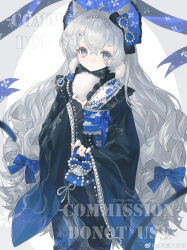 1girl absurdres blue_eyes bonnet highres japanese_clothes jewelry kimono long_sleeves necklace original pearl_necklace print_kimono solo tacfigure watermark white_hair wide_sleeves