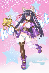 Rule 34 | 1girl, animal ear hairband, animal ears, black hair, blue panties, boots, breasts, cat ear hairband, cat ears, corset, emil chronicle online, fake animal ears, hair ribbon, hairband, highres, holding, holding staff, large breasts, long hair, necktie, open mouth, panties, plump, purple boots, purple thighhighs, red eyes, red necktie, red ribbon, ribbon, serizawa (knight2020), staff, standing, standing on one leg, striped clothes, striped panties, striped thighhighs, syugoma kanade, thighhighs, thighs, twintails, underwear
