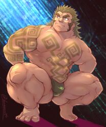 1boy abs bara bulge facial_hair highres horns large_pectorals looking_at_viewer male_focus mature_male muscular muscular_male nipples pectorals protagonist_3_(housamo) sideburns solo tatsumonji_yukara thighs tokyo_houkago_summoners topless_male