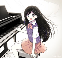 Rule 34 | 1girl, 2022, :d, absurdres, arm support, black eyes, black hair, blush, bright pupils, brown skirt, collared shirt, colored skin, commentary request, curtains, dated, double-parted bangs, feet out of frame, film grain, grand piano, hair behind ear, hair between eyes, hatching (texture), highres, instrument, long hair, looking at viewer, manimarough, mari (faraway) (omori), mari (omori), miniskirt, music, neckerchief, omori, on bench, open mouth, piano, piano bench, pink neckerchief, playing instrument, playing piano, pleated skirt, purple sweater vest, shirt, short sleeves, simple background, sitting, skirt, smile, solo, straight hair, sweater vest, turning head, white background, white pupils, white shirt, white skin, wind
