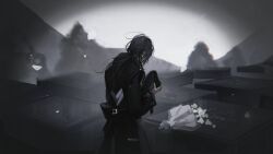 1girl black_coat black_hair black_hat bouquet bowing chinese_commentary coat commentary deren_(path_to_nowhere) earrings feet_out_of_frame flower from_behind funeral grave hat heart heart_earrings highres holding holding_unworn_clothes holding_unworn_hat hoop_earrings jewelry long_hair low_ponytail miaotae path_to_nowhere ponytail solo spot_color tombstone trench_coat unworn_hat unworn_headwear white_flower