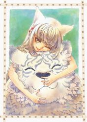 1girl ^_^ border cat cat_girl closed_eyes closed_mouth commentary dromarch_(xenoblade) english_commentary highres hug in-franchise_crossover mio_(xenoblade) one_eye_closed pink_lips smile snout vvbert white_border white_fur xenoblade_chronicles_(series) xenoblade_chronicles_2 xenoblade_chronicles_3 yellow_eyes