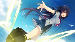 1girl :d ao_no_kanata_no_four_rhythm bird black_bow black_hair blue_skirt blue_sky blush bow cloud commentary dress_ribbon dutch_angle english_commentary grey_shirt hair_bow highres long_hair looking_at_viewer looking_to_the_side neckerchief ocean official_art open_mouth outdoors outstretched_arm outstretched_hand pleated_skirt purple_eyes red_neckerchief red_ribbon ribbon school_uniform second-party_source serafuku shirt short_sleeves skirt sky smile solo suzumori teeth tobisawa_misaki upper_teeth_only very_long_hair