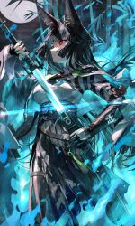 1girl absurdres animal_ears aura bamboo black_gloves black_hair black_necktie black_skirt blue_fire breasts bright_pupils closed_mouth collared_shirt cowboy_shot drawing_sword fingerless_gloves fire floating_hair fox_ears fox_girl full_moon glint gloves highres holding holding_sword holding_weapon hoshimi_miyabi large_breasts long_hair looking_ahead meltyrice moon necktie night outdoors red_eyes sheath shirt single_fingerless_glove skirt solo standing sword unsheathing weapon white_pupils white_shirt zenless_zone_zero