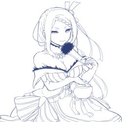 1girl arm_under_breasts bare_shoulders braid breasts cleavage dress fan fur_trim large_breasts looking_at_viewer priscilla_barielle re:zero_kara_hajimeru_isekai_seikatsu side_ponytail sketch solo