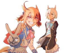 2girls alternate_costume animal_ears black_dress blonde_hair blue_dress bow brown_hair cecilia_immergreen cosplay dress gigi_murin green_eyes highres hololive hololive_english horse_ears horse_girl horse_tail kemonomimi_mode mejiro_mcqueen_(umamusume) multiple_girls pink_bow pink_eyes shimakaze_(kancolle) shimakaze_(kancolle)_(cosplay) tail tokai_teio_(beyond_the_horizon)_(umamusume) tokai_teio_(umamusume) tumbaalproyek umamusume v virtual_youtuber white_dress white_hair