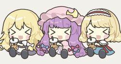 &gt;_&lt; 3girls alice_margatroid apron black_skirt black_vest blonde_hair blue_bow blue_dress blush_stickers bow braid bubble_tea capelet chibi chibi_only commentary_request crescent crescent_hat_ornament cup disposable_cup dress drinking_straw frilled_hairband frills hair_bow hairband hat hat_ornament holding holding_cup kagome_f kirisame_marisa lolita_hairband long_hair mob_cap multiple_girls multiple_hair_bows no_headwear open_mouth patchouli_knowledge pink_dress pink_hat purple_hair red_bow red_hairband shoes side_braid single_braid sitting skirt smile striped_clothes striped_dress touhou vertical-striped_clothes vertical-striped_dress very_long_hair vest waist_apron white_bow white_capelet