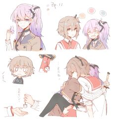 Rule 34 | 2girls, :3, black thighhighs, blush, brown hair, brown jacket, bug, butterfly, charm (object), chibi, closed eyes, closed mouth, commentary request, etou kanami, hair between eyes, hair ribbon, hand up, highres, holding, holding sword, holding weapon, hug, insect, jacket, katana, lionet0806, long hair, long sleeves, minoseki gakuin uniform, multiple girls, neck ribbon, one side up, open mouth, orange ribbon, origami family&#039;s elite guard uniform, pink hair, red sailor collar, red skirt, ribbon, sailor collar, school uniform, shirt, short hair, sidelocks, simple background, sitting, skirt, smile, striped clothes, striped shirt, sword, thighhighs, toji no miko, translation request, tsubakuro yume, weapon, white background, white shirt, winter uniform, yuri
