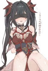 1girl arms_behind_back bare_legs bdsm bell black_blindfold black_hair black_oni blindfold blunt_bangs blush bondage bound bound_arms highres honkai:_star_rail honkai_(series) japanese_clothes kimono long_hair neck_bell nervous nervous_sweating open_mouth red_kimono red_rope rekka_shinai restrained rope shibari shibari_over_clothes simple_background sitting solo sparkle_(honkai:_star_rail) sweat twintails white_background
