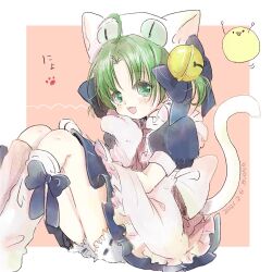 Rule 34 | 1girl, ahoge, animal hat, bell, bloomers, boono, cat hat, cat tail, dejiko, di gi charat, feet out of frame, gema, green eyes, green hair, hat, jingle bell, looking at viewer, mittens, open mouth, puffy short sleeves, puffy sleeves, short sleeves, solo, tail, underwear, white mittens