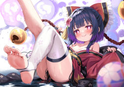 1girl bare_shoulders blue_hair blush bow breasts bright_pupils character_request closed_mouth colored_tips commentary feet foot_out_of_frame hair_bow highres japanese_clothes kimono monster_musume_td multicolored_hair no_shoes nyahu_(nyahu_77) pink_eyes purple_hair red_kimono short_hair small_breasts soles solo stirrup_legwear thighhighs toeless_legwear toes white_pupils white_thighhighs
