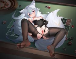 1girl animal_ear_fluff animal_ears anus artist_request black_gloves black_leotard black_pantyhose blush breasts commission covered_navel elbow_gloves eyebrows_hidden_by_hair full_body gloves grey_hair hair_between_eyes highres leotard long_hair looking_at_viewer lying nipples on_back open_mouth original pantyhose playboy_bunny poker_chip poker_table pussy roulette_table second-party_source small_breasts soles solo spread_pussy spreading_own_pussy table tail toes torn_clothes torn_pantyhose very_long_hair wolf_ears wolf_girl wolf_tail