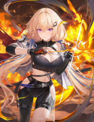 1girl asymmetrical_clothes asymmetrical_pants belt_pouch black_gloves blonde_hair breasts cleavage commentary_request criss-cross_straps explosion fiery_background fire gloves hair_ornament hand_up highres hip_vent jacket large_breasts long_hair looking_ahead low_twintails navel original partially_fingerless_gloves pouch purple_eyes single_bare_shoulder solo standing sword sword_on_back thigh_strap twintails very_long_hair weapon weapon_on_back white_jacket yizhibao