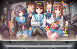 2boys 3girls absurdres asahina_mikuru brown_eyes brown_hair candy crossed_arms food grey_eyes grey_hair highres holding holding_candy holding_food holding_lollipop koizumi_itsuki kyon lollipop long_hair multiple_boys multiple_girls nagato_yuki orange_hair pantyhose school_uniform serafuku shinjin_kootoko short_hair sitting suzumiya_haruhi suzumiya_haruhi_no_yuuutsu thighhighs watching_television