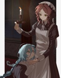 2girls 37_(reverse:1999) :o apron blue_hair braid candle candlestand chinese_commentary collared_dress dress green_eyes hair_between_eyes hair_bun hat highres holding_candlestand holding_hands indoors juliet_sleeves long_hair_between_eyes long_sleeves looking_at_another maid mob_cap multiple_girls pillarboxed puffy_sleeves red_hair reverse:1999 sophia_(reverse:1999) twin_braids white_apron window wo_shi_nugui yuri