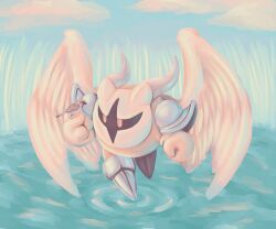 absurdres animal armor bird bird_on_hand cloud galacta_knight highres horned_mask kirby_(series) mask nintendo no_humans pastel_colors pauldrons ripples sabaton shibulio shoulder_armor wings