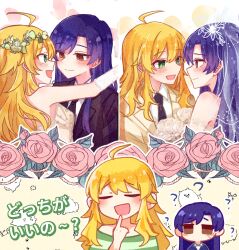 2girls ? ahoge black_jacket black_necktie blonde_hair blue_hair blush bouquet bridal_veil bride brown_eyes chiwawa174 closed_eyes closed_mouth collared_shirt dress eye_contact finger_to_mouth flower green_eyes green_shirt groom hand_up head_wreath highres hoshii_miki idolmaster idolmaster_(classic) imagining index_finger_raised jacket kisaragi_chihaya long_hair looking_at_another multiple_girls multiple_views necktie open_mouth shirt smile striped_clothes striped_shirt translation_request veil white_dress white_jacket yuri