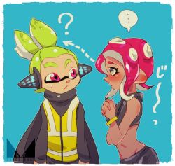 ... 1boy 1girl ? agent_3_(splatoon) agent_8_(splatoon) arrow_(symbol) black_eyes black_shirt blouse blue_background blush bracelet chichi_band closed_mouth commentary_request crop_top dark_skin from_side frown green_hair headgear inkling inkling_boy inkling_player_character interlocked_fingers jewelry looking_at_viewer midriff nintendo octoling octoling_girl octoling_player_character own_hands_together pointy_ears purple_eyes red_hair shirt short_hair splatoon_(series) splatoon_2 splatoon_2:_octo_expansion spoken_ellipsis squidbeak_splatoon standing staring tentacle_hair topknot translated upper_body vest watermark yellow_vest