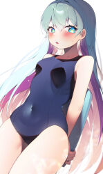1girl absurdres arms_behind_back averting_eyes bare_arms blue_eyes blue_hair blue_one-piece_swimsuit blush breasts colored_inner_hair commentary commission covered_navel cowboy_shot english_commentary erica_(soccer_spirits) from_below hair_between_eyes highres holding_kickboard kickboard long_hair looking_to_the_side multicolored_hair one-piece_swimsuit pink_hair school_swimsuit sen_light simple_background small_breasts soccer_spirits solo star-shaped_pupils star_(symbol) sweat swimsuit symbol-shaped_pupils wet white_background