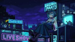 1girl animated animated_gif black_boots black_hair blue_eyes boots breasts character_request glasses indie_virtual_youtuber lace-up_boots large_breasts oyuzaki_(ayuzaki) pixel_art short_hair sitting solo teapot television virtual_youtuber