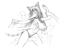 animal_ears breasts cat_ears cat_girl cat_tail covering_another&#039;s_mouth furrowed_brow ghost ghost_hands grabbing_another&#039;s_breast groping highres huge_breasts imminent_penetration imminent_vaginal kosmic91 kotone kotone_inazuma long_hair nipples non-web_source panties restrained struggling tail underwear vivid_dead
