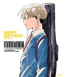 Rule 34 | 1boy, 555 takagi, barcode, black hair, blazer, blue jacket, brown eyes, brown hair, closed mouth, collared shirt, commentary, dated, earphones, from side, futsuu no keion-bu, guitar case, happy birthday, highres, instrument case, instrument case on back, jacket, lapels, male focus, necktie, profile, red necktie, school uniform, shirt, short hair, signature, solo, takami kouki, upper body, watermark, white shirt, winter uniform
