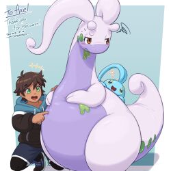 1boy aqua_background axel_(poke789) black_hoodie black_shoes blue_skin blush brown_eyes brown_hair closed_mouth colored_skin commentary commission dark-skinned_male dark_skin english_commentary english_text fat gen_4_pokemon gen_6_pokemon gomuhimo_(nawataro) goodra green_eyes hair_between_eyes highres hood hoodie jitome large_tail legendary_pokemon manaphy multicolored_skin mythical_pokemon nintendo open_mouth pointing pokemon pokemon_(creature) purple_skin shadow shoes short_hair skeb_commission sneakers squiggle tail thick_thighs thighs two-tone_skin