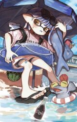 1girl backpack bag bandaid bandaid_on_leg black-framed_eyewear black_bag black_footwear black_shorts blue_hair blue_trim blush bottle closed_mouth coca-cola commentary dolphin_shorts earrings eyewear_on_head flip-flops food fruit highres inkling inkling_girl inkling_player_character jewelry looking_to_the_side medium_hair nintendo open_mouth parasol sandals shirt shorts single_tooth smallfry_(splatoon) splatoon_(series) splatoon_3 standing standing_on_liquid stuffed_animal stuffed_shark stuffed_toy sunglasses sweat swim_ring symbol-only_commentary t_0622_s tentacle_hair umbrella water watermelon yellow_eyes