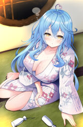 1girl ahoge barefoot blue_hair blush bottle breasts choko_(cup) cleavage collarbone cup drunk elf feet gradient_hair heart heart_ahoge highres hololive indoors japanese_clothes kimono large_breasts long_hair multicolored_hair pink_hair pointy_ears sake_bottle solo two-tone_hair virtual_youtuber yappy_(yapis_company) yellow_eyes yukihana_lamy
