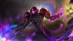 1girl absurdres arm_cannon armor assault_visor creature danderfull glowing helmet highres metroid metroid_prime_4:_beyond neon_lights neon_trim nintendo pink_visor power_armor power_suit samus_aran science_fiction weapon
