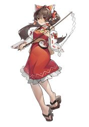 1girl adapted_costume ascot bow breasts brown_hair chinese_commentary closed_mouth commentary_request detached_sleeves dress frilled_bow frilled_hair_tubes frills full_body geta gohei hair_bow hair_tubes hakurei_reimu holding holding_gohei long_hair looking_at_viewer ponytail red_bow red_dress red_eyes ribbon-trimmed_sleeves ribbon_trim smile solo tachi-e tayu_(tayu114514) toes touhou very_long_hair yellow_ascot yin_yang