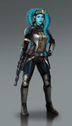 1girl alien belt black_gloves black_pants blue_pants blue_skin boots colored_skin fingerless_gloves full_body gloves goggles goggles_on_head gradient_background grey_background gun hand_on_own_hip highres holding holding_gun holding_weapon knee_armor lekku_(anatomy) looking_at_viewer pants reflective_floor science_fiction solo standing star_wars twi&#039;lek two-tone_pants vincentius_matthew weapon