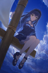 1girl absurdres backlighting black_bow black_camisole black_choker black_hair black_hairband black_shoes black_skirt blue_capelet blue_sky blush bow breasts bright_pupils camisole capelet chinese_commentary choker closed_mouth cloud cloudy_sky collarbone commentary day dutch_angle flag floating_clothes floating_hair footwear_bow frilled_camisole frilled_capelet frilled_choker frills full_body hair_between_eyes hairband hand_up highres kushima_kamome legs_together long_hair looking_at_viewer mast medium_breasts medium_skirt no_socks outdoors shoes sidelocks sitting skirt sky smile solo split_mouth straight_hair summer_pockets traum white_flag white_pupils yellow_eyes