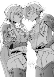 2girls anger_vein armor ascot badge boots breasts cowboy_shot ellen6468 faust_(project_moon) gauntlets grin highres kromer_(project_moon) large_breasts limbus_company multicolored_hair multiple_girls n_corp._fanatic_(identity)_(project_moon) pants pauldrons project_moon short_hair shoulder_armor smile streaked_hair talisman thigh_boots wax_seal