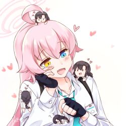 5girls ? ?? ahoge aqua_necktie black_gloves black_hair blue_archive blue_eyes blush chibi collared_shirt fang female_sensei_(blue_archive) fingerless_gloves gloves halo heart heterochromia holding holding_mini_person hoshino_(blue_archive) long_hair long_sleeves mini_person minigirl multiple_girls necktie on_head open_mouth person_on_head person_on_shoulder pink_hair pink_halo rarasa_(rarasa) sensei_(blue_archive) shirt simple_background skin_fang smile white_background white_shirt yellow_eyes