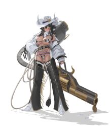 Rule 34 | 1girl, absurdres, animal print, belt, bikini, black hair, blush, boots, breasts, cow print, cow print bikini, cowboy boots, cowboy hat, cowboy western, cowgirl (western), dark-skinned female, dark skin, full body, gun, hat, highres, holding lasso, large breasts, lasso, long sleeves, looking at viewer, multicolored hair, musclexm, open clothes, original, print bikini, sheriff (western), sheriff badge, simple background, solo, standing, streaked hair, string bikini, swimsuit, tattoo, weapon, white background, white hair