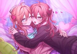 2girls ahoge aqua_bow aqua_bowtie bed black_cardigan black_skirt blue_eyes blue_skirt blush bow bowtie broken_heart broken_heart_hair_ornament brown_hair cardigan closed_mouth collared_shirt commentary commission dark_skin english_commentary evil_neuro-sama fang hair_between_eyes hair_ribbon heart heart-shaped_pupils highres hug indoors long_hair long_sleeves lying multiple_girls neuro-sama on_back on_side open_mouth pleated_skirt red_eyes red_ribbon ribbon shirt siblings sisters skin_fang skirt sleeves_past_wrists symbol-shaped_pupils twins upper_body vedal_ai virtual_youtuber white_shirt yellow_cardigan yuuri_(0914yuuri_k)