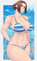 Rule 34 | 1girl, abs, absurdres, bikini, breasts, brown hair, hair bun, hands on own hips, highres, huge breasts, kaii to otome to kamikakushi, limn044, muscular, muscular female, ogawa sumireko, shiny skin, single hair bun, striped bikini, striped clothes, swimsuit, thighs, water, wet