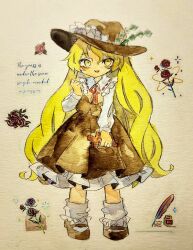 1girl blush bobby_socks brown_feathers brown_hat brown_shoes brown_skirt brown_vest commentary_request cross feathers flower frilled_hat frilled_shirt_collar frills full_body green_feathers hat hat_feather holding holding_cross inkwell jacket jacket_girl_(dipp) key747h long_sleeves looking_at_viewer mary_janes neck_ribbon quill red_ribbon ribbon rose shirt shoes simple_background skirt socks solo standing touhou traditional_media vest white_background white_shirt white_socks