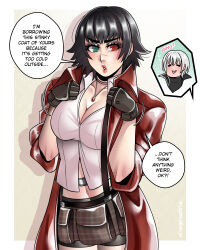 1boy 1girl absurdres artist_name black_hair borrowed_clothes breasts cleavage coat dangerousbride dante_(devil_may_cry) devil_may_cry_(series) gloves green_eyes heterochromia highres jewelry lady_(devil_may_cry) midriff necklace parted_lips red_coat red_eyes scar scar_on_face scar_on_nose shirt speech_bubble white_hair white_shirt