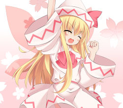 Rule 34 | 1girl, ^ ^, absurdres, arm up, blonde hair, bluntspoony, cheering, cherry blossoms, closed eyes, dress, female focus, gradient background, hat, highres, lily white, long hair, open mouth, plant, solo, touhou, white hat, wings