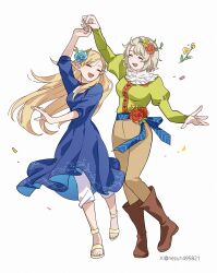 2girls arm_up blonde_hair blue_dress boots brown_boots brown_pants choker closed_eyes dancing dress dungeon_meshi elf falin_touden feathers flower green_shirt hair_around_ear hair_flower hair_ornament highres holding_hands knee_boots long_hair long_sleeves looking_at_another marcille_donato monster_girl multiple_girls nezu1495821 open_mouth pants pants_under_dress pointy_ears puffy_sleeves red_choker sandals shirt short_hair simple_background smile spinning standing standing_on_one_leg white_background white_feathers white_pants yuri