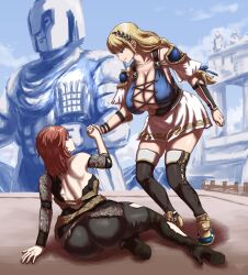 2girls armor ass ass_focus bare_shoulders blonde_hair blue_eyes bodysuit boots braid braided_ponytail breasts brown_hair cleavage from_behind hair_ornament highres hildegard_von_krone huge_ass large_breasts long_hair matsumaruyama medium_hair multiple_girls red_eyes sideboob skirt smile sophitia_alexandra soul_calibur soulcalibur soulcalibur_vi thick_thighs thigh_boots thighhighs thighs torn_clothes very_long_hair