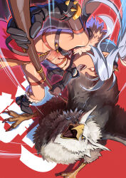Rule 34 | 1girl, axe, bird, black gloves, black shoes, blue hair, boots, breasts, brown gloves, cape, dark-skinned female, dark skin, eagle, elbow gloves, fur trim, gloves, grey hair, highres, holding, holding axe, holding weapon, horns, long hair, open mouth, original, pointy ears, ponytail, red background, red eyes, revealing clothes, seigetsu kotaku, sharp teeth, shoes, small breasts, solo, spikes, tail, teeth, thigh strap, weapon
