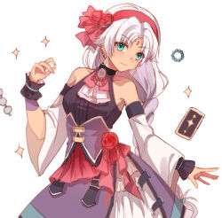 1girl ascot beads black_wrist_cuffs braid breasts choker cowboy_shot curtained_hair detached_sleeves dress earrings eiyuu_densetsu facial_mark forehead_mark frilled_wrist_cuffs frills green_eyes hoop_earrings jewelry long_hair looking_at_viewer medium_breasts prayer_beads scheherazade_(eiyuu_senki) sideburns simple_background single_braid smile solo sora_no_kiseki white_background white_hair willfin wrist_cuffs