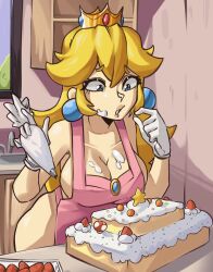 1girl absurdres apron baking blonde_hair blue_eyes breasts cake cleavage cream cream_on_breasts cream_on_face food food_on_face fruit gloves highres large_breasts legs long_hair mario_(series) moxydraws naked_apron nintendo parted_lips pink_lips princess princess_peach sexually_suggestive solo strawberry thighs