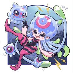 Rule 34 | circle, digimon, digimon (creature), electricity, fang, highres, jellyfish girl, jellymon, monster girl, open mouth, puyomon, puyoyomon, smile, tentacle hair, tentacles, yagikiki